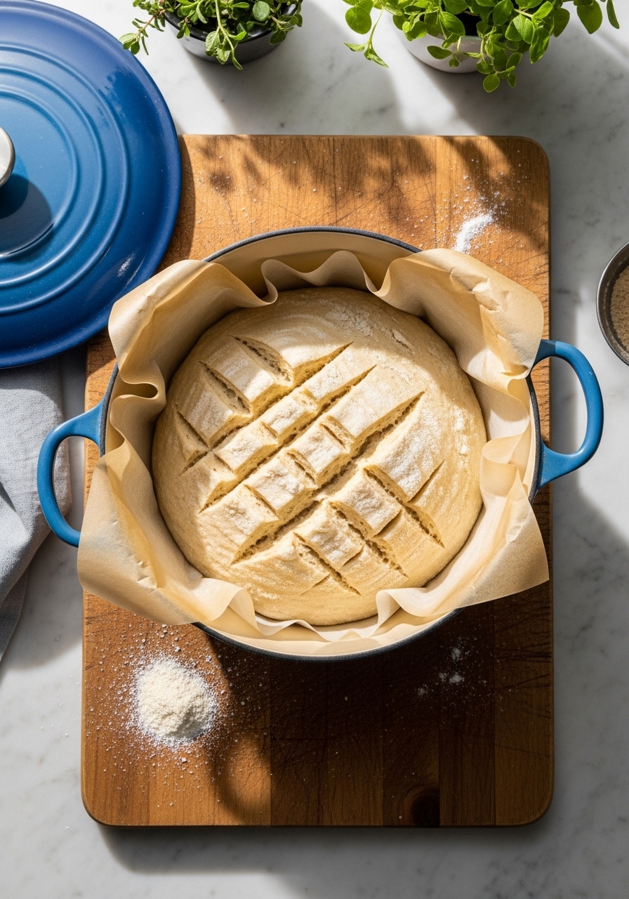 An overhead shot of the raw, scored gluten-free artisan bread dough, carefully nestled in parchment paper inside a blue Dutch oven, positioned on the same wooden cutting board on marble countertops. A small amount of gluten-free flour dusting is visible. Natural morning light from the east window creates soft shadows, showing fresh herbs in the background. The scene reflects authentic messiness of baking.