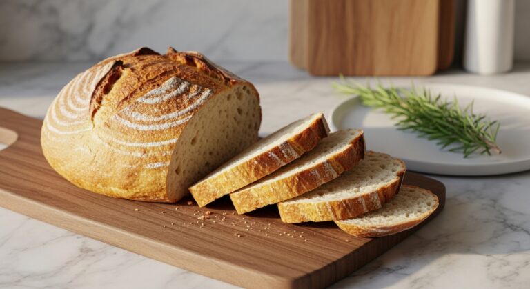 A beautifully golden, crusty loaf of gluten-free artisan bread, freshly sliced to reveal a soft, airy crumb, resting on the same wooden cutting board. A few slices are fanned out on a minimalist white plate next to the loaf, with a sprig of fresh rosemary visible in the background, all bathed in natural morning light from the east window on marble countertops with wood accents. Soft shadows create depth.
