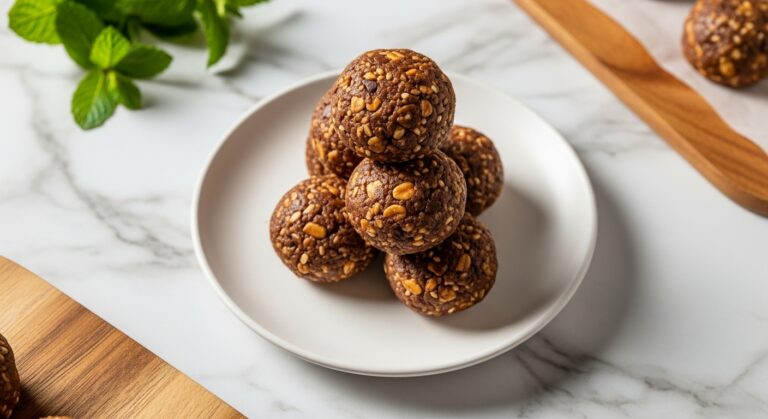 Gluten-Free Kids Snacks A beautifully composed 16:9 overhead shot of a small stack of finished no-bake gluten-free chocolate peanut butter oat bites on a minimalist white plate, set on a marble countertop with wood accents. Natural morning light from the east window casts soft shadows. A sprig of fresh mint is subtly visible in the background, along with the same wooden cutting board peeking into the frame. The overall tone is warm and inviting, showcasing authentic homemade deliciousness.