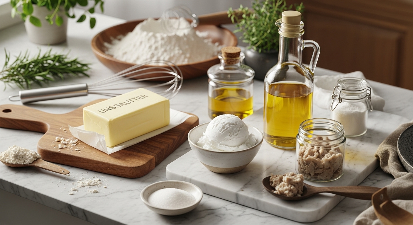 Guide to Fats in Baking! A beautifully styled flat lay on marble countertops with warm wood accents, showcasing various types of fats for baking: a rustic block of unsalted butter, a scoop of white vegetable shortening in a small minimalist ceramic bowl, a bottle of golden vegetable oil, and a small jar of rendered lard. Baking essentials like a whisk, flour, and sugar are artfully scattered. Natural morning light streams in from the east window, casting soft shadows. Fresh herbs (e.g., a sprig of rosemary) are visible in the background, and the same wooden cutting board is subtly present beneath some ingredients. The overall feel is warm, inviting, and authentic.