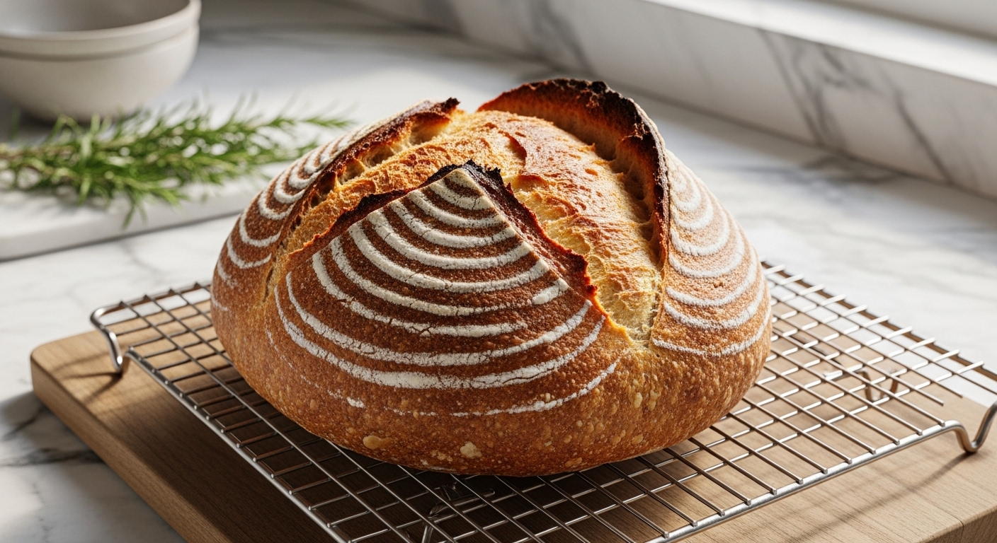 Guide to Sourdough A beautifully baked, rustic sourdough loaf with a deep golden-brown crust and a visible ear, cooling on a wire rack set on the same wooden cutting board. Natural morning light from the east window illuminates the scene, casting soft shadows. Marble countertops are visible in the background with a sprig of fresh rosemary and a ceramic bowl subtly placed.
