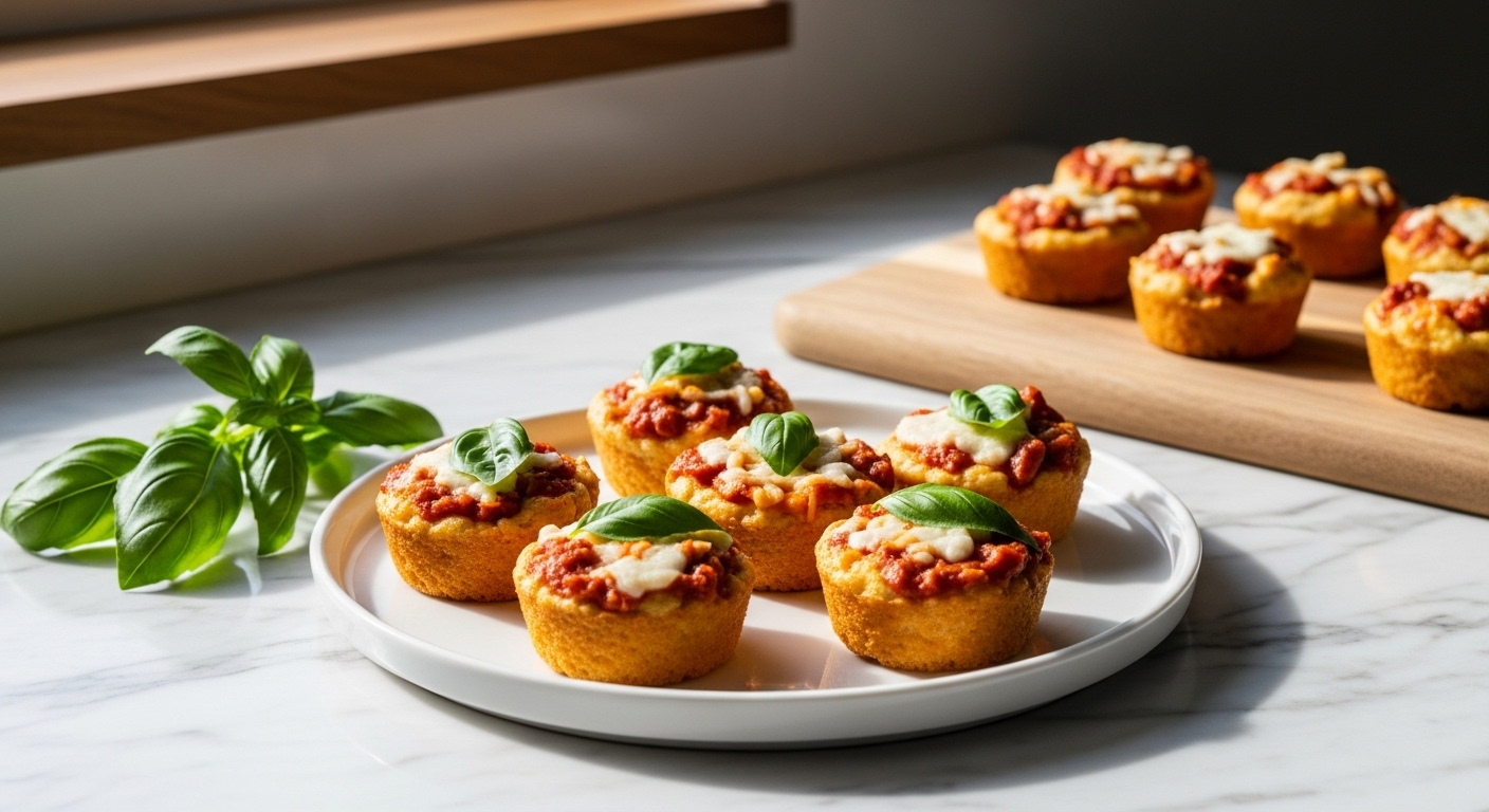 A beautifully composed, inviting scene of several Mini Muffin Pizzas arranged on a minimalist white plate, placed on marble countertops with subtle wood accents in the background. Natural morning light streams from an east window, casting soft shadows. A sprig of fresh basil is artfully placed next to the plate, and the same wooden cutting board is subtly visible, holding a few whole muffins ready to be topped. The presentation is clean, tidy, and has warm tones, evoking a genuine love for homemade food.