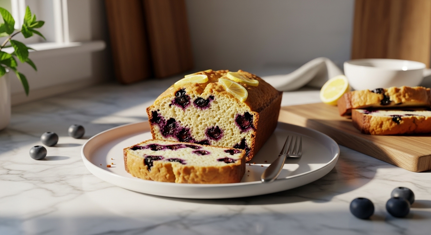 A beautifully sliced Lemon Blueberry Quick Bread loaf on a minimalist white plate, set on marble countertops with wood accents. Natural morning light from the east window casts soft shadows. Fresh herbs, specifically a sprig of mint, are visible in the soft background, and the same wooden cutting board is beside the plate. The scene conveys a warm, authentic, lived-in kitchen feel.