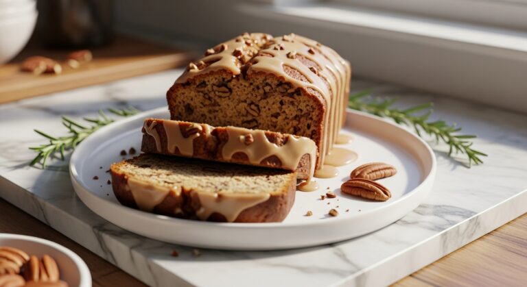 A beautifully sliced Maple Pecan Quick Bread loaf, with a generous drizzle of maple glaze, resting on a minimalist white plate. The plate is set on marble countertops with wood accents, bathed in natural morning light from the east window. A sprig of fresh rosemary or a few whole pecans are visible next to the bread. Soft shadows and warm tones enhance the cozy, rustic feel.