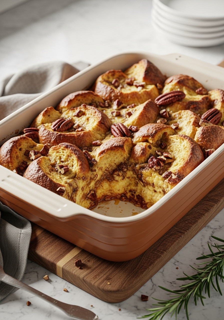 A 9x13 inch ceramic baking dish filled with Maple Pecan Sourdough Bread Pudding, just pulled from the oven, still warm and slightly puffed. Some chopped pecans are visible on top. The dish is resting on the wooden cutting board, on the marble countertop, with a sprig of fresh rosemary nearby. Natural morning light filters in from the east window, showing a slight authentic messiness on the counter from the baking process.