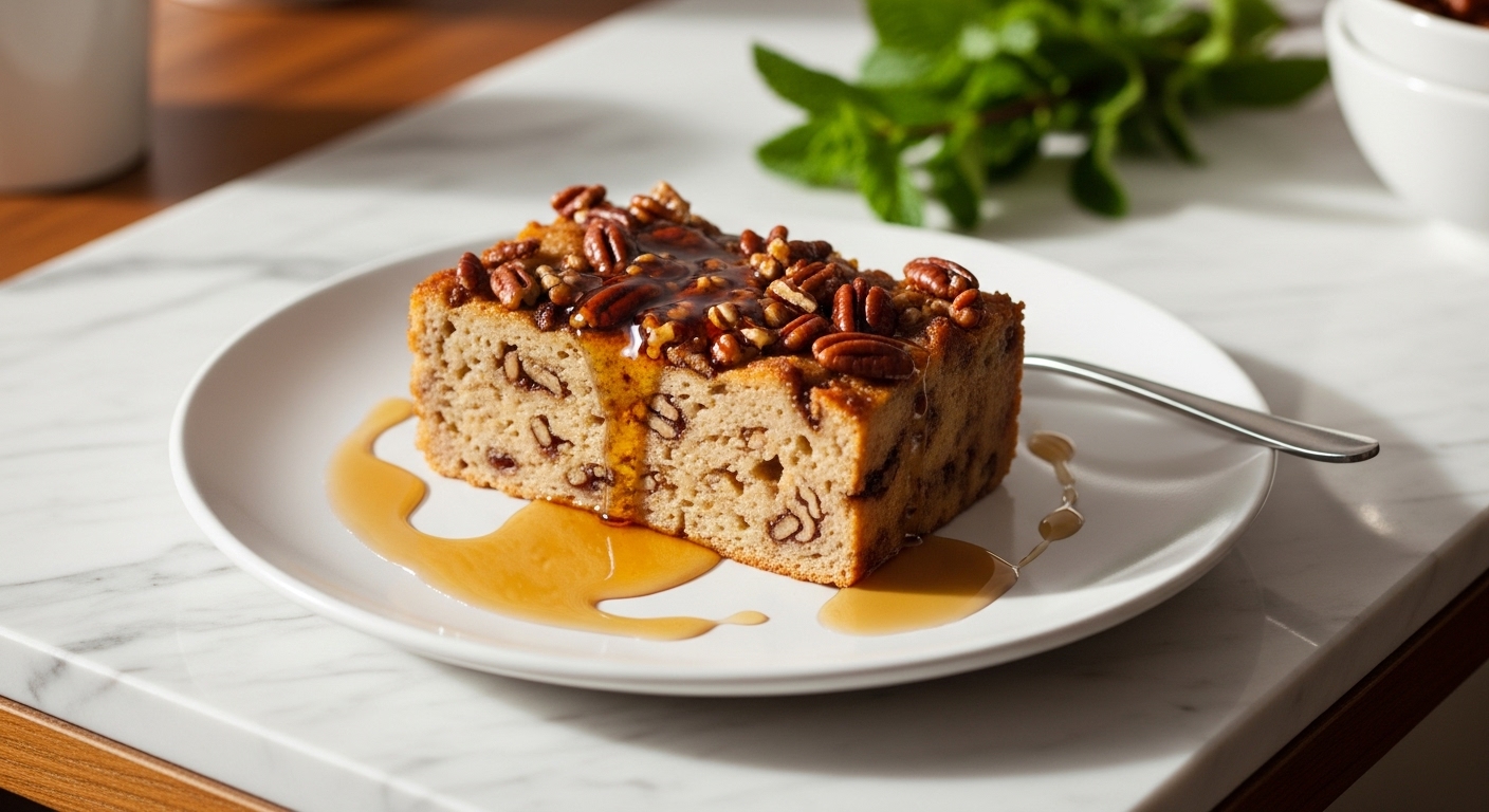 A beautifully plated slice of Maple Pecan Sourdough Bread Pudding on a minimalist white plate, drizzled with extra maple syrup, a sprig of fresh mint visible in the background. The plate is set on marble countertops with subtle wood accents. Natural morning light from the east window casts soft shadows. The scene has an authentic, warm tone.