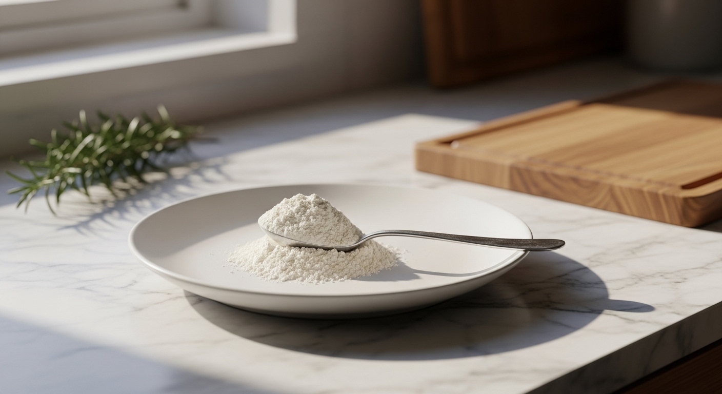 Measuring Flour Without a Scale A 16:9 hero shot of a minimalist white plate holding a perfectly spooned and leveled cup of all-purpose flour. The scene is set on marble countertops with warm wood accents and features natural morning light from the east window, casting soft shadows. A sprig of fresh rosemary is subtly visible in the background, adding a touch of lived-in charm. The same wooden cutting board is partially visible, creating a cohesive kitchen environment.