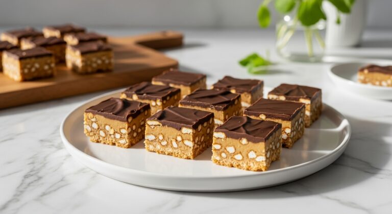 No-Bake Peanut Butter Pretzel Bars A beautiful 16:9 hero shot of freshly cut No-Bake Peanut Butter Pretzel Bars arranged on a minimalist white plate. The plate is set on the marble countertop with subtle wood accents in the background. Natural morning light from the east window casts soft shadows. Fresh herbs (like a small sprig of mint, for visual interest) are visible in a small vase in the background, and the same wooden cutting board is slightly visible to the side. Focus on the distinct layers of pretzel base and chocolate topping.