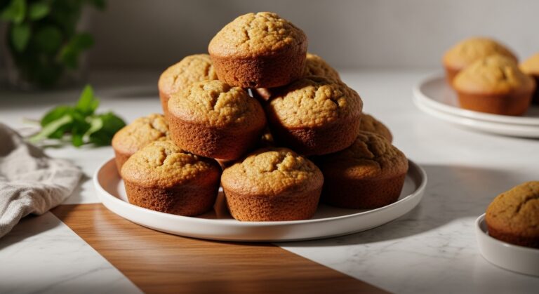 A generous stack of golden-brown No-Fuss Banana Bread Muffins on a minimalist white plate, placed on the marble countertop with wood accents. A few fresh herbs (like mint) are visible in the soft shadows of the background. Natural morning light from the east window highlights their moist, tender texture. Overall warm tones and authentic, lived-in kitchen feel. Aspect ratio 16:9.