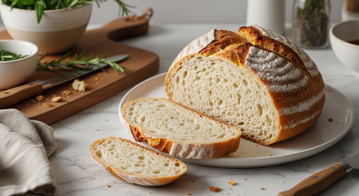A beautifully golden-brown, crusty No-Knead Artisan Bread loaf, sliced to reveal a perfect airy crumb, presented on a minimalist white plate on marble countertops. The same wooden cutting board is subtly visible with a few crumbs, and fresh herbs (rosemary) are in a ceramic bowl in the background. Natural morning light from the east window creates soft shadows, capturing a warm, inviting tone. Authentic messiness of a home kitchen, not sterile.