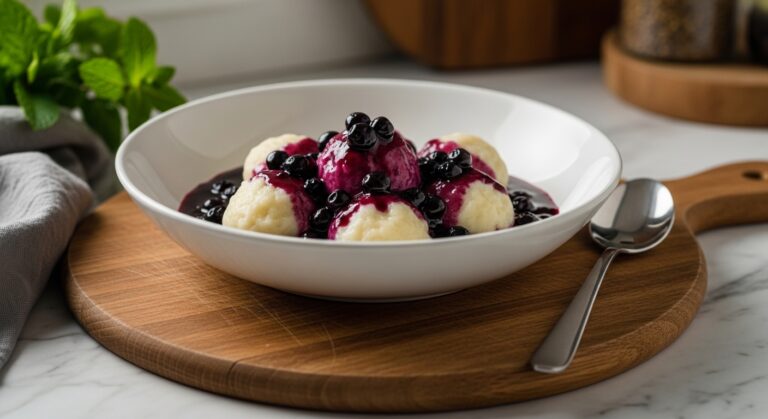 A beautifully plated serving of Nova Scotia Blueberry Grunt in a minimalist white ceramic bowl, showcasing the tender steamed dumplings nestled in the rich blueberry sauce. The bowl is placed on the same wooden cutting board, on marble countertops. Natural morning light from the east window casts soft shadows. Fresh mint leaves are visible in the background, along with a hint of warm wooden accents, capturing an authentic, lived-in kitchen feel.