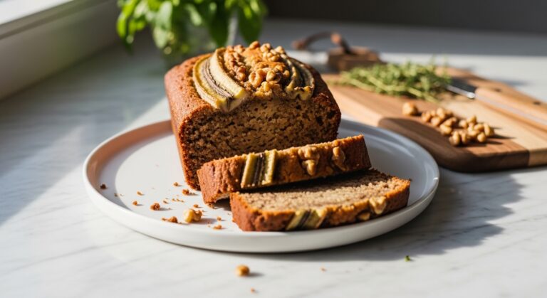 A beautifully sliced loaf of One-Bowl Banana Nut Bread, presented on a minimalist white plate on the marble countertop with subtle wood accents. Natural morning light streams in from the east window, casting soft shadows. A few fresh herbs (like mint or thyme) are visible in the background, out of focus. The same wooden cutting board is subtly placed to the side. The shot feels warm, authentic, and inviting, showcasing the moist crumb and walnuts. (Aspect Ratio: 16:9)