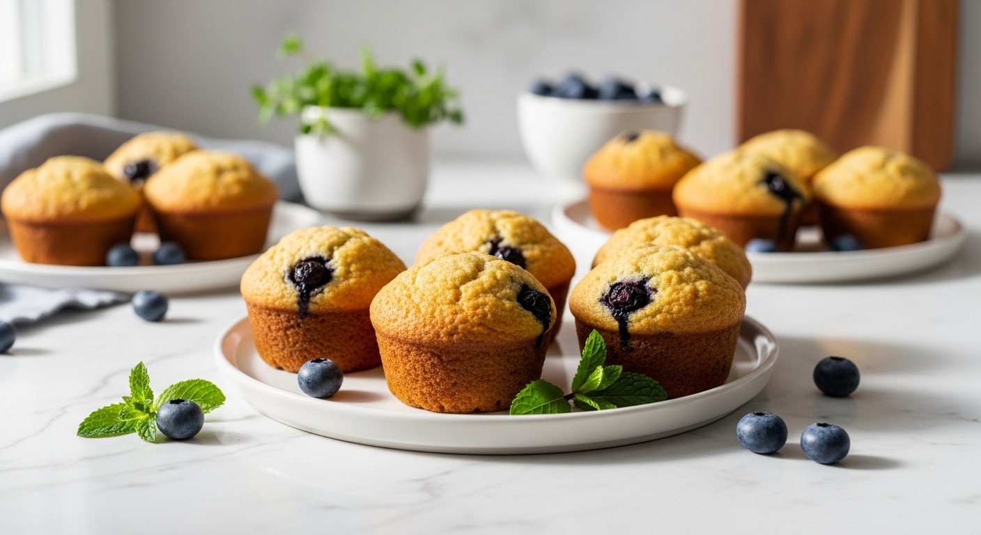 A beautifully styled 16:9 hero shot of golden-brown One-Bowl Blueberry Muffins arranged on a minimalist white plate, with a few fresh blueberries and a sprig of mint scattered around. Set on marble countertops, with soft natural morning light from the east window, and a subtle wood accent (like the edge of the wooden cutting board) visible in the background. Fresh herbs are visible in a small ceramic bowl behind them. Authentic messiness is minimal, focusing on the perfection of the finished muffins.