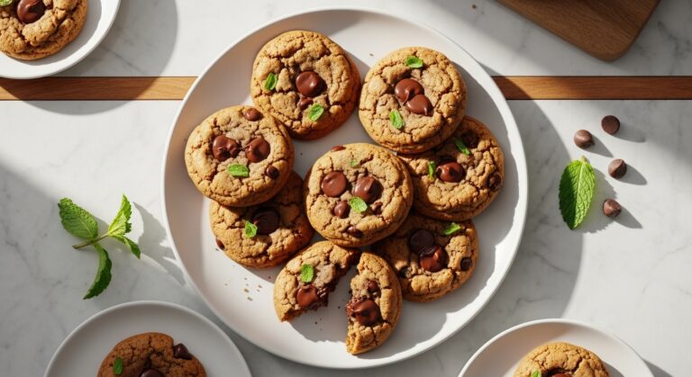 A beautifully composed 16:9 overhead shot of several warm, freshly baked One-Bowl Chocolate Chip Cookies arranged on a minimalist white plate. Some cookies are slightly broken to show their soft, chewy interior with melted chocolate. The plate is set on marble countertops with a subtle wood accent visible. Natural morning light from the east window casts soft shadows. A sprig of fresh mint or a few chocolate chips are artfully scattered nearby on the countertop for garnish. The wooden cutting board is subtly visible in the background.