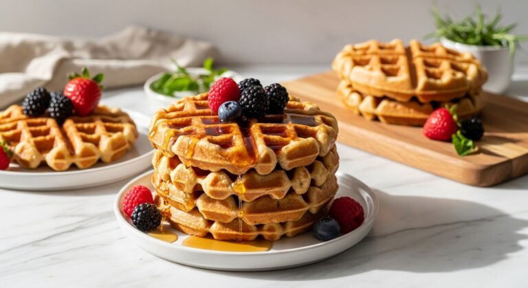 A beautifully styled hero shot of golden-brown Overnight Sourdough Discard Waffles stacked on minimalist white plates, drizzled with maple syrup and topped with fresh berries. The waffles are perfectly crisp, with soft shadows. Set on marble countertops with wood accents, bathed in natural morning light from the east window. A sprig of fresh mint or rosemary is subtly visible, and the same wooden cutting board is casually placed in the background.
