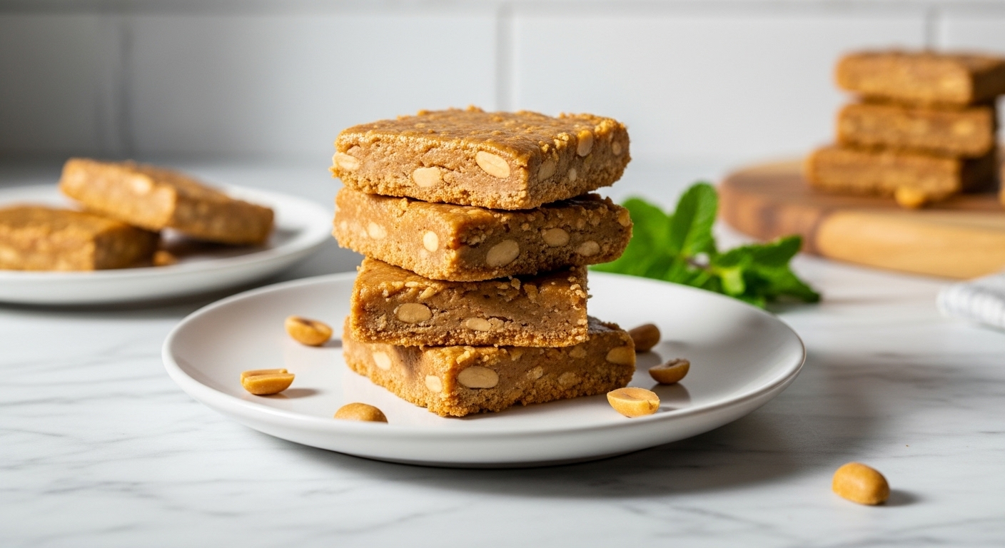A beautifully composed 16:9 shot of a stack of 3-Ingredient Peanut Butter No-Bake Bars on a minimalist white plate, set on marble countertops with wood accents. Natural morning light streams from the east window, creating soft shadows. A sprig of fresh mint is subtly visible in the background, along with the corner of the same wooden cutting board.