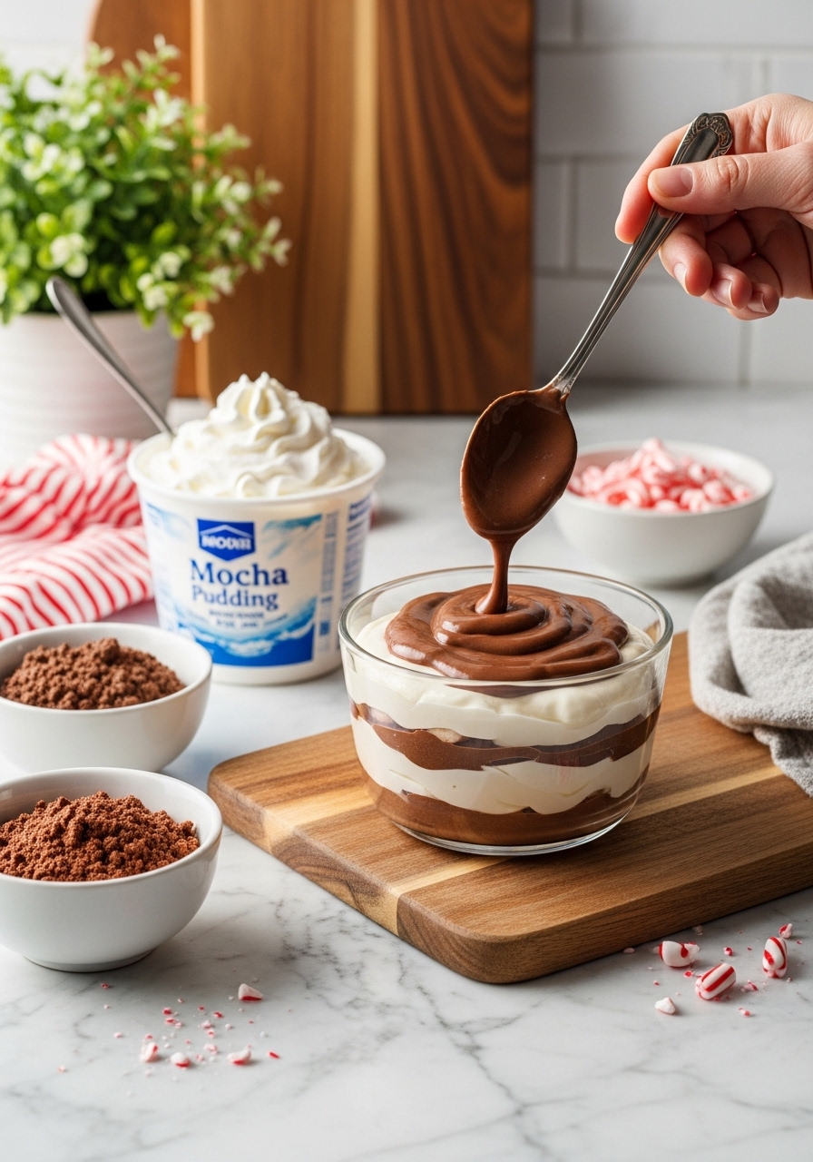 A mid-shot showcasing the layering process of Peppermint Mocha Pudding Parfaits. One partially assembled parfait in a clear ceramic bowl sits on the same wooden cutting board, with a spoonful of peppermint chocolate pudding gently added over a mocha layer. Small bowls of the prepared mocha and peppermint pudding mixes, along with a container of whipped cream and a small pile of crushed candy canes, are visible on the marble countertop with wood accents in the background. Natural morning light from the east window creates soft shadows, hinting at the authentic messiness of a busy kitchen.
