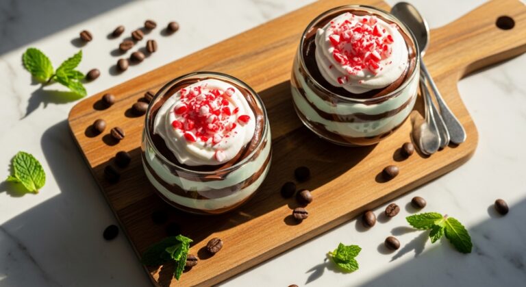 A beautifully composed overhead shot of two elegant Peppermint Mocha Pudding Parfaits in minimalist clear ceramic bowls on a wooden cutting board. The parfaits are layered with dark mocha, lighter mint chocolate, and white whipped cream, topped with bright red crushed candy canes. Soft shadows fall from natural morning light from the east window. Fresh mint sprigs and whole coffee beans are artfully scattered on the marble countertop around the wooden cutting board, adding to the warm tones and authentic messiness.