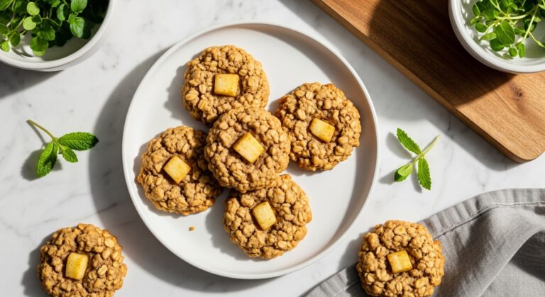 A beautifully composed overhead shot of several perfectly baked Portable Apple Oat Cookies arranged on a minimalist white plate, set on a marble countertop. A sprig of fresh mint or cinnamon stick is visible nearby. Natural morning light from the east window casts soft shadows. The wooden cutting board is subtly visible in the background, along with fresh herbs in a ceramic bowl.