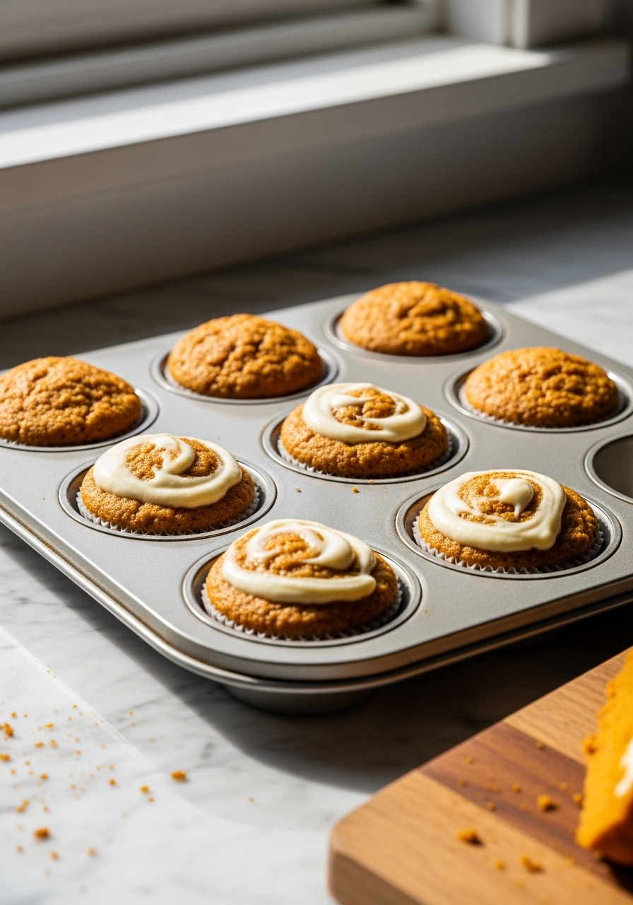 An eye-level shot of a muffin tin filled with Pumpkin Spice Cream Cheese Swirl Muffins, some with the cream cheese mixture already swirled in, waiting to go into the oven. The tin sits on the same marble countertop, bathed in natural morning light from the east window, creating soft shadows. The wooden cutting board is partially visible in the foreground with a few stray pumpkin spice crumbs. Authentic kitchen messiness, like a dusting of flour, adds to the lived-in feel.