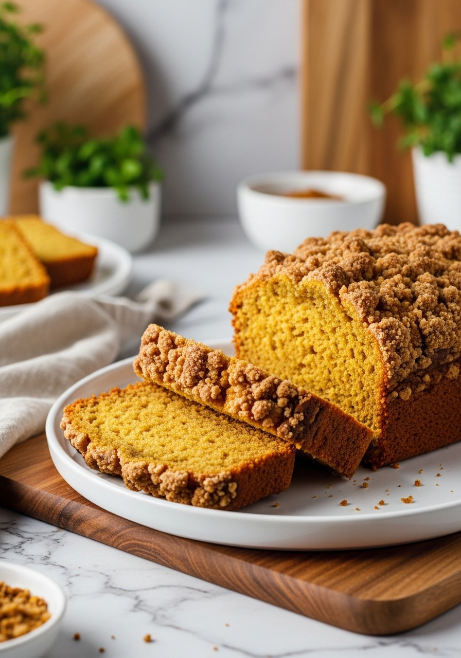 A slightly closer, 3:4 side view of the same beautifully sliced Pumpkin Streusel Bread from the featured image, on a minimalist white plate. The focus is on the texture of the moist crumb and the glistening streusel topping. The scene retains the natural morning light, marble countertops, wood accents, and hints of fresh herbs in the background, maintaining a warm, clean, and inviting aesthetic. The wooden cutting board is still present as a base.