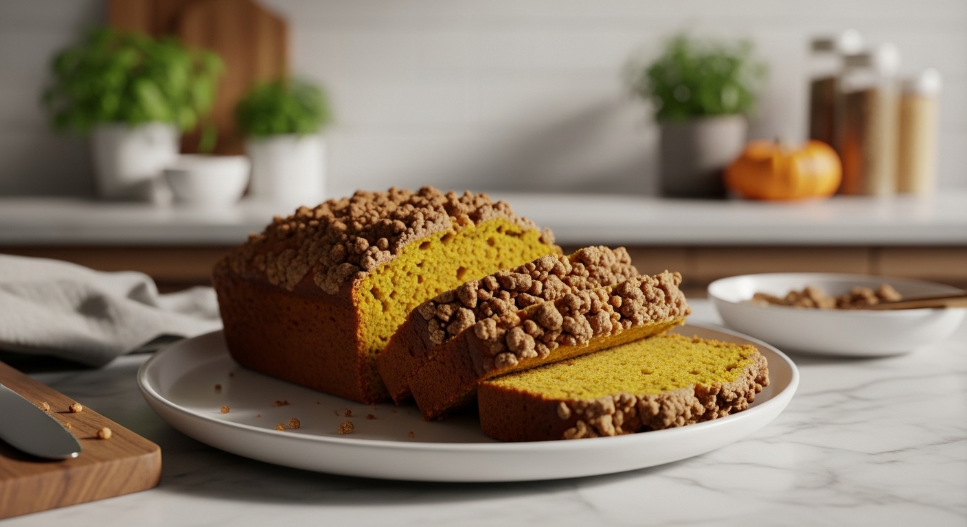 A beautifully sliced loaf of Pumpkin Streusel Bread on a minimalist white plate, with a few slices arranged invitingly, showing the moist interior and the crispy streusel topping. The setting is our kitchen with natural morning light, marble countertops, subtle wood accents, and fresh herbs blurred in the background. Soft shadows and warm tones create a cozy, clean, and tidy presentation. The wooden cutting board is subtly visible in the foreground.
