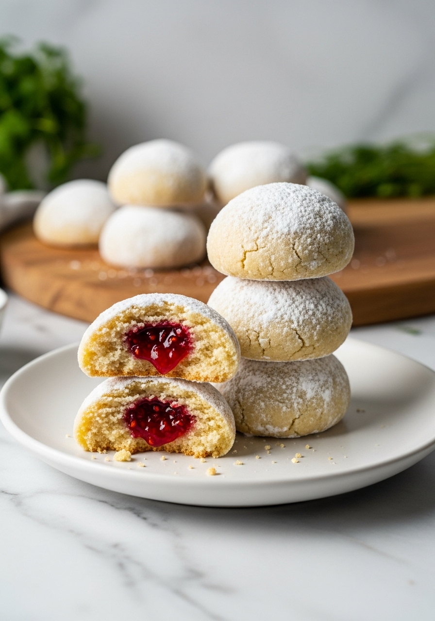 A close-up side view of a stack of Raspberry Snowball Cookies on a minimalist white plate, with one cookie broken in half to reveal the vibrant raspberry jam filling and the tender almond cookie texture. The plate is positioned on marble countertops next to the same wooden cutting board. Natural morning light from the east window illuminates the scene, highlighting the powdered sugar coating and the rich colors. Fresh herbs are visible in the background, maintaining a clean, warm, and tidy presentation.