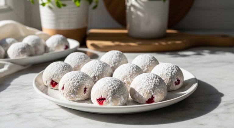 A beautifully plated arrangement of Raspberry Snowball Cookies on a minimalist white plate, dusted heavily with powdered sugar, showcasing their round shape and hints of crimson filling. The plate rests on marble countertops with subtle wood accents in the background. Natural morning light streams in from an east window, casting soft shadows. Fresh herbs are visible in a ceramic pot, slightly out of focus. The scene is clean, tidy, and exudes warm tones, capturing the genuine love for homemade baking.