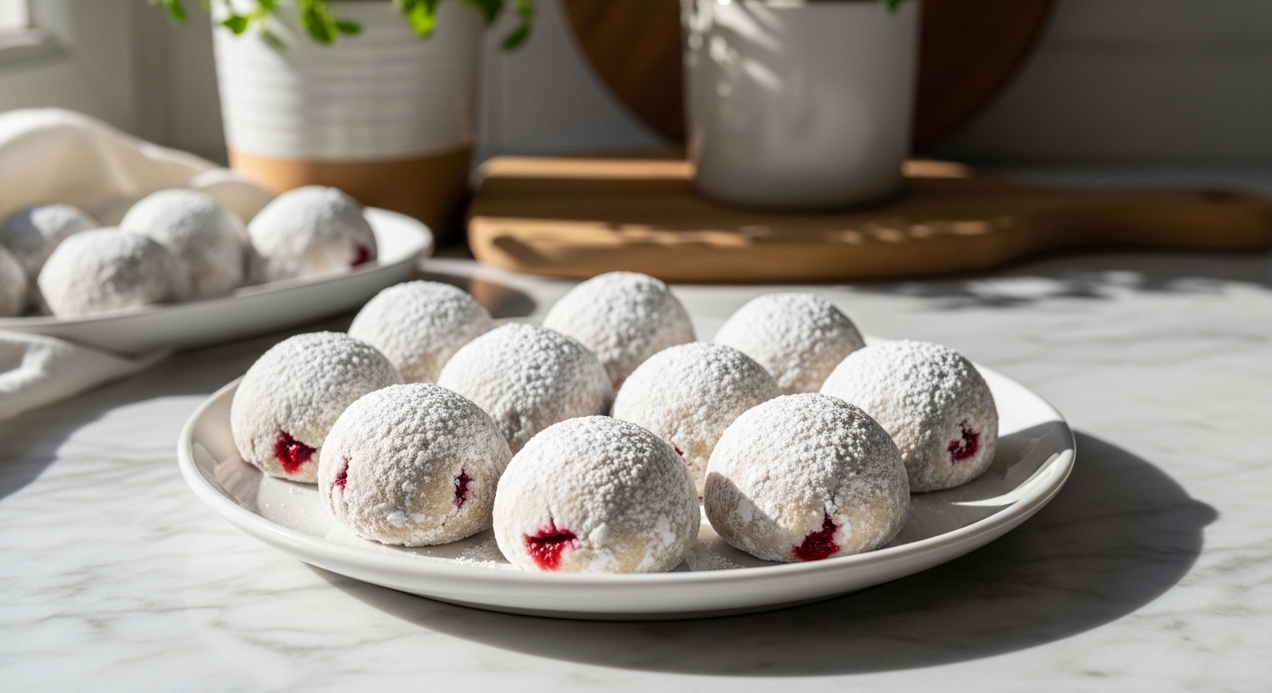 A beautifully plated arrangement of Raspberry Snowball Cookies on a minimalist white plate, dusted heavily with powdered sugar, showcasing their round shape and hints of crimson filling. The plate rests on marble countertops with subtle wood accents in the background. Natural morning light streams in from an east window, casting soft shadows. Fresh herbs are visible in a ceramic pot, slightly out of focus. The scene is clean, tidy, and exudes warm tones, capturing the genuine love for homemade baking.