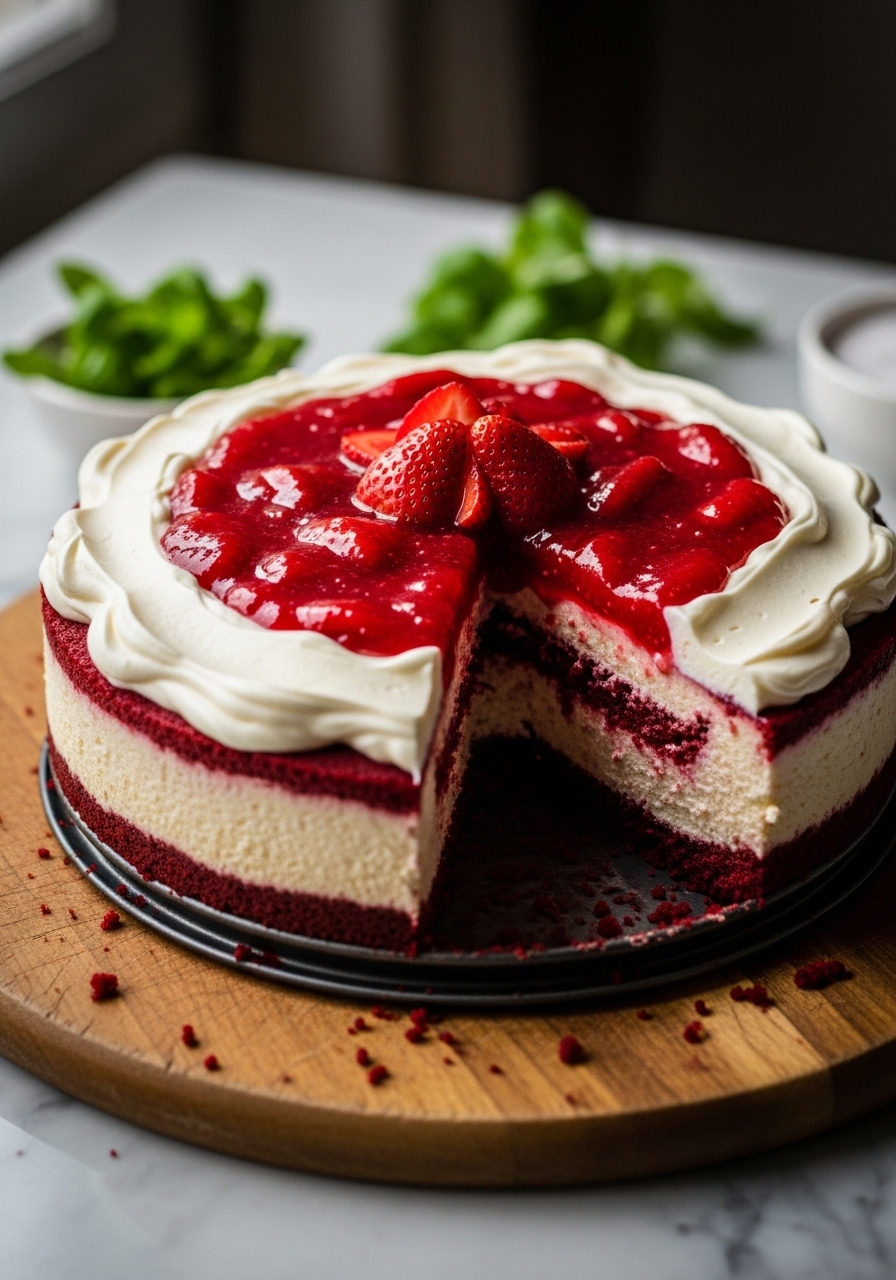 A close-up, slightly elevated 3:4 shot of a full Red Velvet Strawberry Cheesecake, still in its springform pan but with the sides removed, sitting on the same wooden cutting board. The top is generously covered with fluffy cream cheese frosting and a thick layer of glistening strawberry compote, with some fresh strawberry halves nestled on top. The distinct layers are visible along the exposed sides. Shot with natural morning light from an east window, reflecting softly on the marble countertops. Fresh mint or small basil leaves are in the background, adding a hint of fresh green. The scene is clean but conveys a homemade, inviting feel with soft shadows and warm tones.