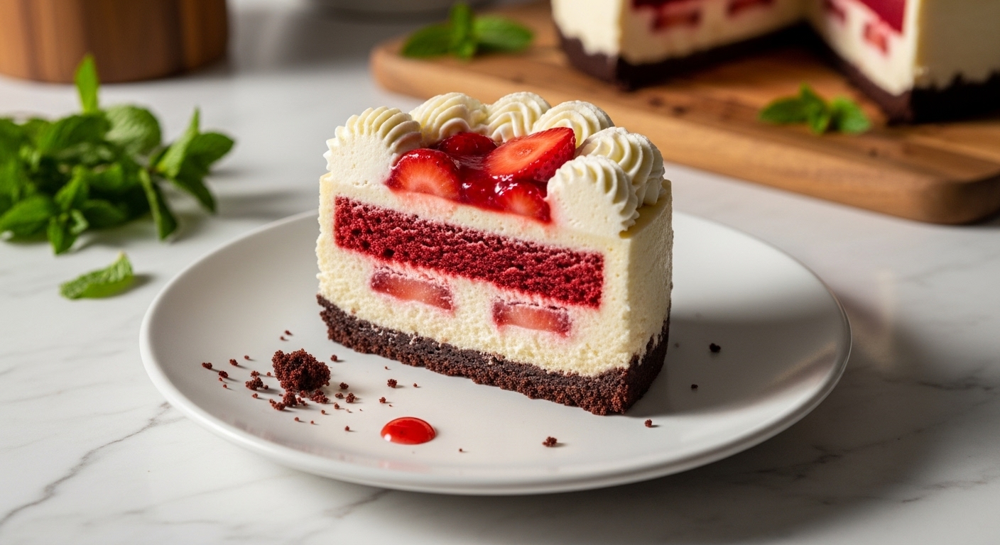 A beautifully sliced piece of Red Velvet Strawberry Cheesecake on a minimalist white plate, showcasing distinct layers of dark chocolate crust, red velvet cake, creamy white cheesecake, and vibrant red strawberry compote, topped with a swirl of fluffy cream cheese frosting. A few artful crumbs and a tiny drip of compote are visible on the plate. Shot with natural morning light from an east window, on marble countertops with a subtle wooden accent in the background. Fresh mint sprigs are lightly visible, and the same wooden cutting board is casually present in the soft shadows, maintaining warm tones and a clean, tidy presentation.