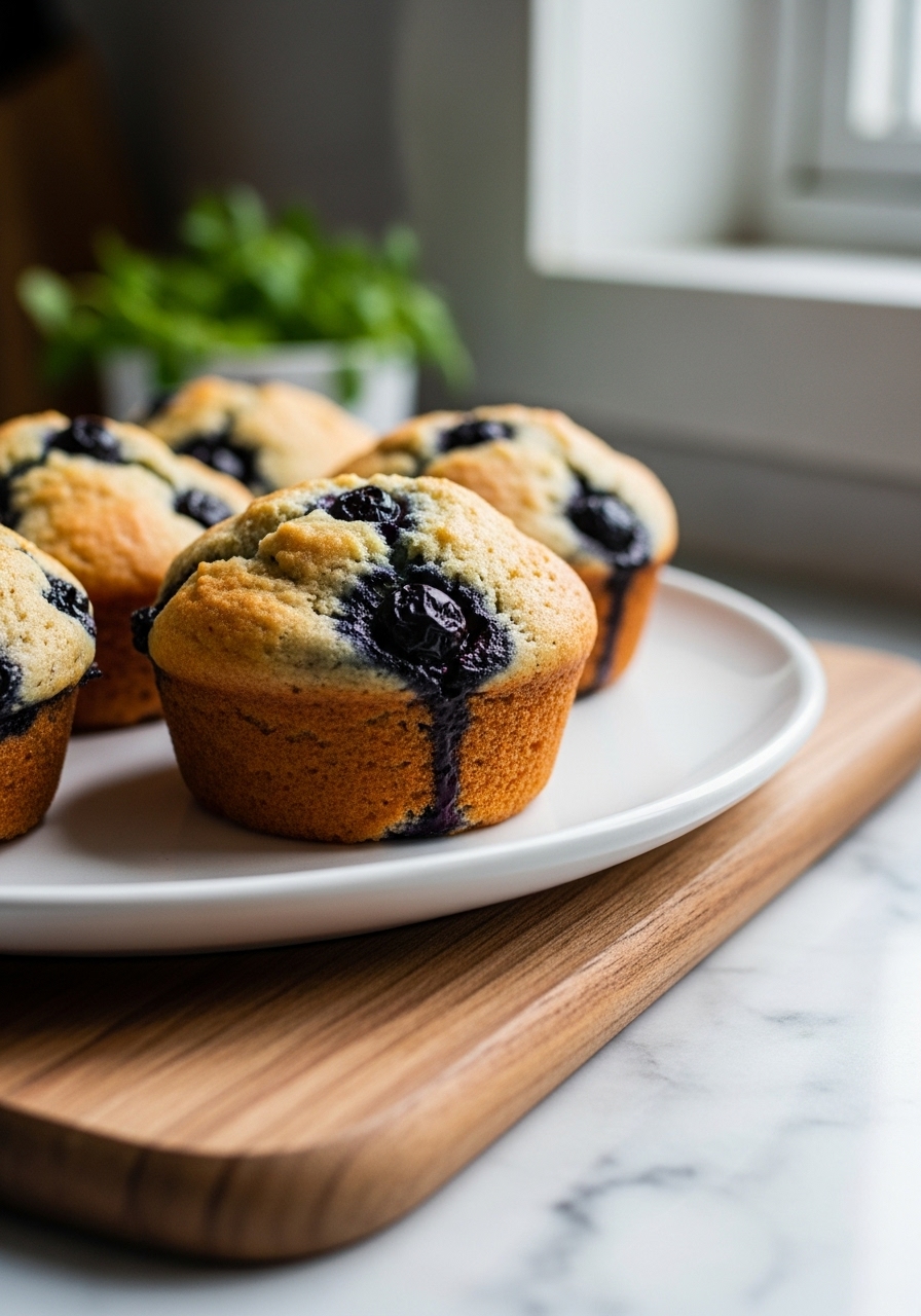 A closer, slightly elevated side view of the beautifully domed Seriously Simple Blueberry Muffins on the minimalist white plate, still resting on the wooden cutting board. The marble countertops are visible, catching the soft morning light. Focus on the texture of the muffin tops and the juicy blueberries peeking through, with subtle warm tones. Fresh herbs are slightly out of focus in the background, all within the consistent, recognizable style of the kitchen.