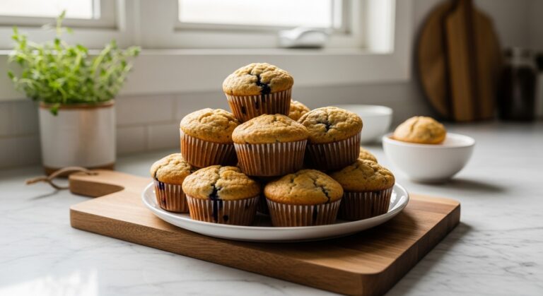A wide, inviting shot of golden brown Seriously Simple Blueberry Muffins piled high on a minimalist white plate, placed on the wooden cutting board on marble countertops. Natural morning light streams in from the east window, creating soft shadows. Fresh herbs are visible in a small ceramic pot in the background. The scene is clean and tidy, with warm tones, embodying a genuine love for the process.