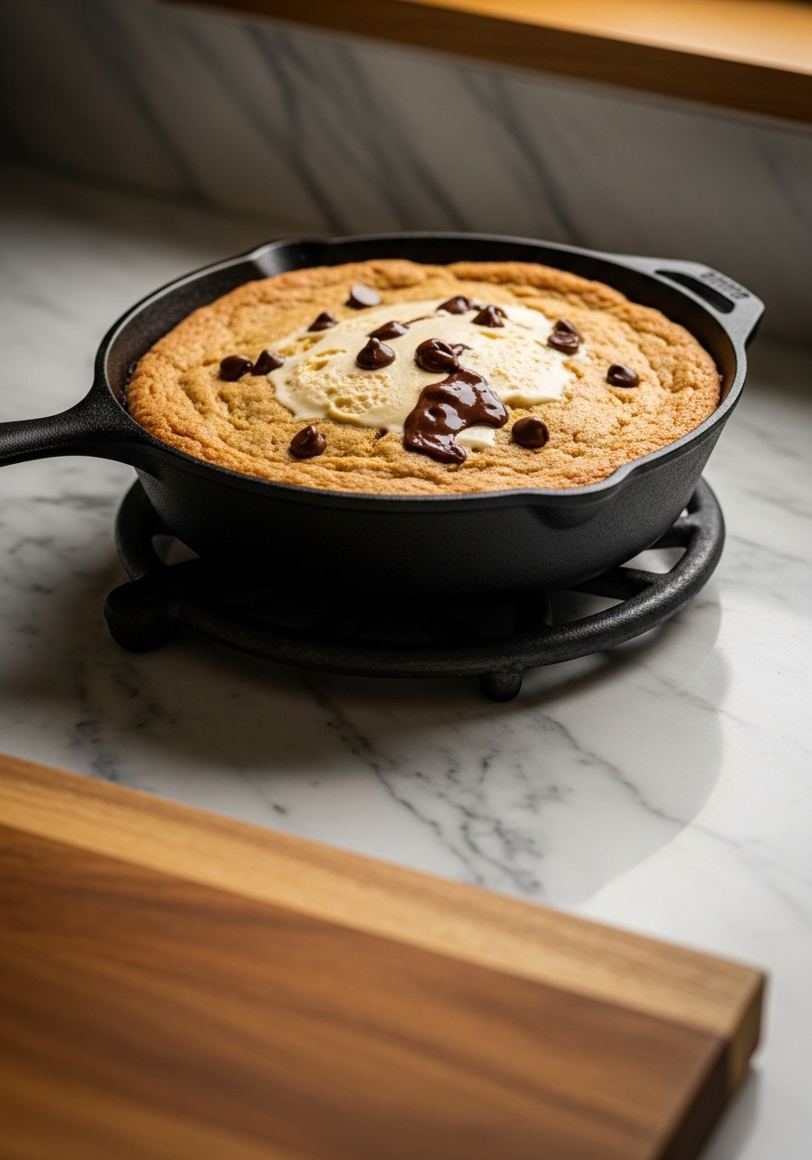 A warm Skillet Cookie Sundae, just out of the oven, still in the cast iron skillet on a trivet, with a few melted chocolate chips glistening on top. The scene is on marble countertops with wood accents, bathed in natural morning light from the east window. The same wooden cutting board is visible in the foreground, creating an authentic, lived-in kitchen feel. Soft shadows are present.