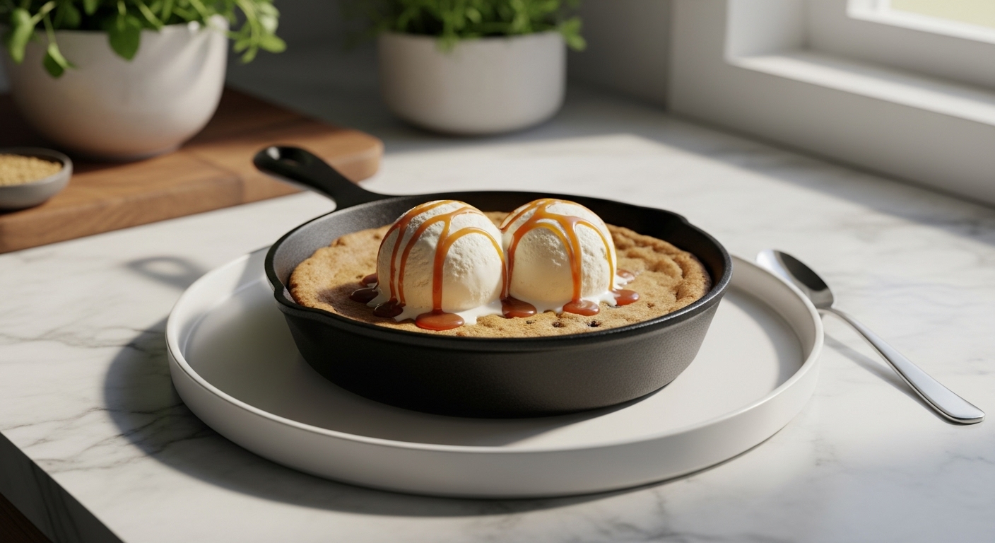 A beautifully plated Skillet Cookie Sundae, fresh out of a black cast iron skillet, with two scoops of melting vanilla ice cream and a drizzle of caramel sauce, on a minimalist white plate. It's placed on marble countertops with wood accents. Natural morning light from the east window casts soft shadows. Fresh herbs are visible in a ceramic bowl in the soft background. The same wooden cutting board is slightly visible to the side.