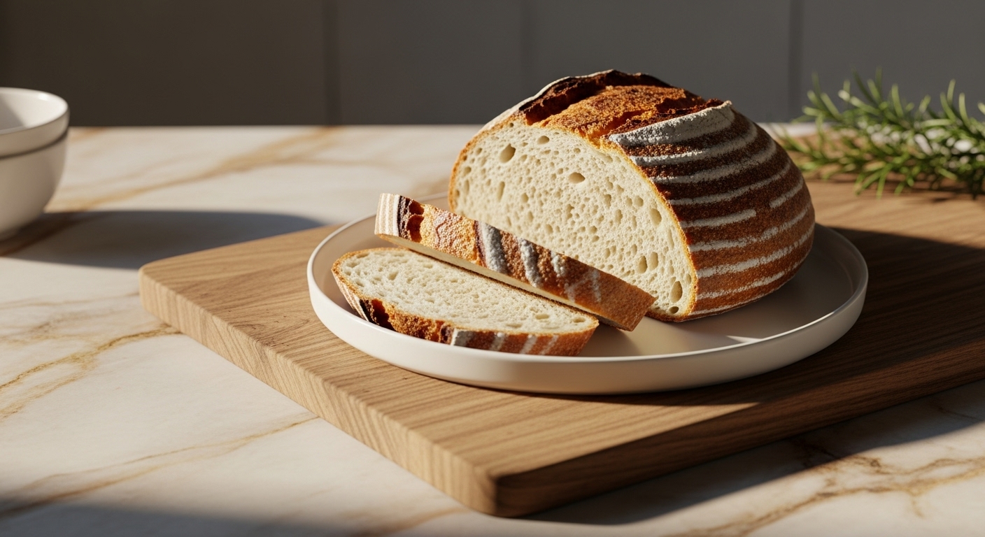 Sourdough Discard Bread A freshly baked loaf of Sourdough Discard Bread, sliced and beautifully presented on a minimalist white plate, resting on the same wooden cutting board. The scene is set on marble countertops with warm tones, illuminated by natural morning light from an east window. Soft shadows highlight the bread's texture, and a sprig of fresh rosemary is visible in the background.