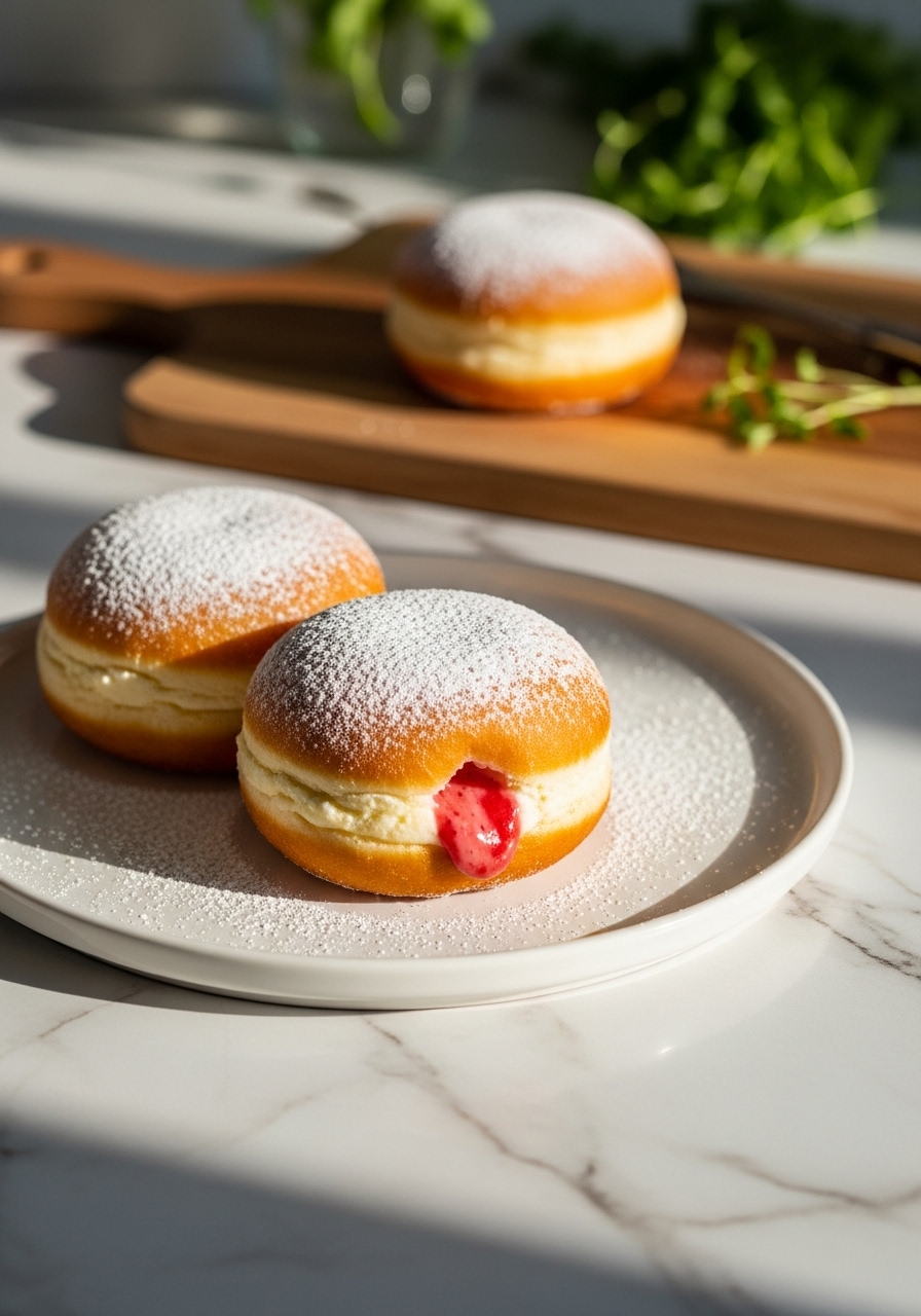 A side-angle, slightly lower perspective of the same beautifully plated Strawberry Cheesecake Stuffed Donuts as the featured image. Two donuts sit on a minimalist white plate, dusted with powdered sugar, one showing its delightful strawberry cheesecake filling. The setting features marble countertops with subtle wood accents and the same wooden cutting board, illuminated by gentle, natural morning light. Soft shadows define the warm tones, and fresh herbs are artfully blurred in the background, maintaining a clean and inviting presentation.