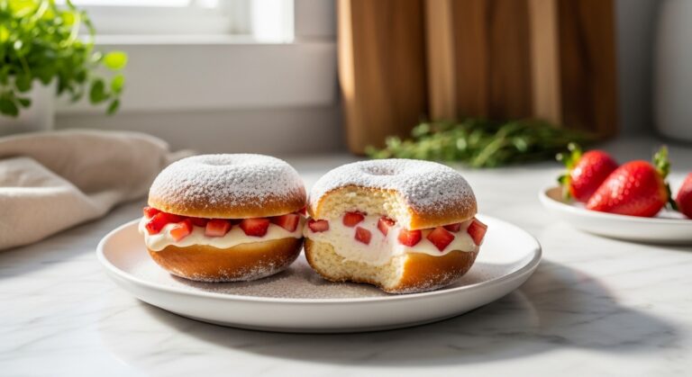 A beautifully plated close-up of two Strawberry Cheesecake Stuffed Donuts on a minimalist white plate, generously dusted with powdered sugar. One donut is slightly bitten, revealing the creamy strawberry cheesecake filling and diced fresh strawberries. The scene is set on marble countertops with wood accents, bathed in soft, natural morning light from an east window. Fresh herbs are visible in the soft-focused background, alongside the familiar wooden cutting board, all presented cleanly with warm tones.