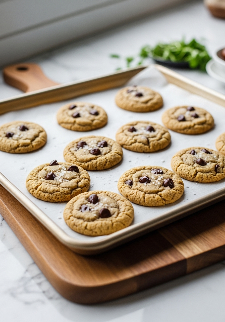A 3:4 shot showing a baking sheet fresh out of the oven, laden with warm, slightly puffed Tahini Chocolate Chip Cookies. Some cookies have just a hint of flaky sea salt visible. The baking sheet rests on the wooden cutting board, which is placed on marble countertops. Natural morning light from the east window illuminates the scene, with a subtle scattering of fresh herbs in the background, giving the impression the cook just stepped away.