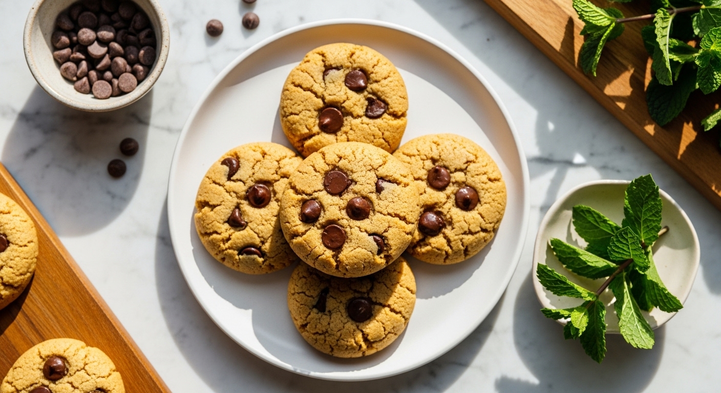 A beautifully styled 16:9 overhead shot of several golden brown Tahini Chocolate Chip Cookies on a minimalist white plate, artfully stacked. The plate is set on marble countertops with wood accents. Natural morning light from the east window casts soft shadows. A small ceramic bowl with extra chocolate chips and a sprig of fresh mint are visible in the background, along with the corner of the wooden cutting board, creating an authentic, lived-in kitchen feel.