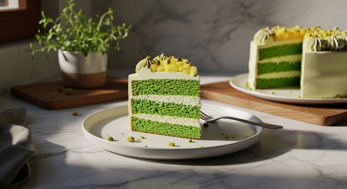A beautifully plated slice of Watergate Cake on a minimalist white plate, showcasing the green cake layers and fluffy pistachio-pineapple frosting. The plate is set on marble countertops with wood accents, bathed in natural morning light from an east window. Fresh herbs are visible in a small ceramic bowl in the softly shadowed background, next to the wooden cutting board. The scene has warm tones and authentic messiness around a delightful dessert.