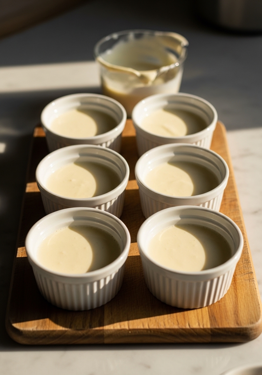 Six 4-ounce ramekins, half-filled with the White Chocolate Peppermint Panna Cotta mixture, sitting on the same wooden cutting board. They are arranged neatly on the marble countertop, bathed in natural morning light from the east. The scene shows an in-process moment, as if just paused before pouring the remaining mixture. No hands visible, soft shadows, warm tones, and a hint of authentic messiness around.