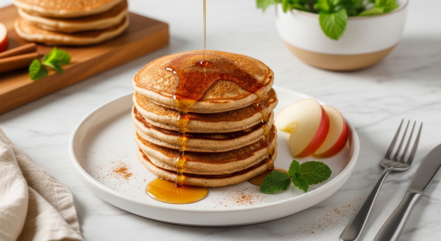 A beautifully composed stack of golden brown Whole Wheat Apple Cinnamon Pancakes on a minimalist white plate, generously drizzled with maple syrup and lightly dusted with cinnamon. A few fresh apple slices and a sprig of fresh mint are carefully placed nearby. The scene is set on marble countertops with the same wooden cutting board visible in the background, a ceramic bowl with fresh herbs adding a touch of green. Natural morning light from the east window casts warm tones and soft shadows, creating an authentic, inviting atmosphere. No hands or people are visible.