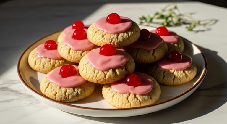 A beautifully arranged platter of freshly baked almond cherry cookies, each with a smooth pink glaze and a vibrant red maraschino cherry on top. The cookies are stacked artfully on a minimalist white plate with a subtle brown rim, positioned on marble countertops with warm natural morning light creating soft shadows. A sprig of fresh herbs is subtly visible in the background, adding a touch of green to the warm-toned scene. The presentation is clean and tidy, emphasizing the delicious appeal of the cookies.
