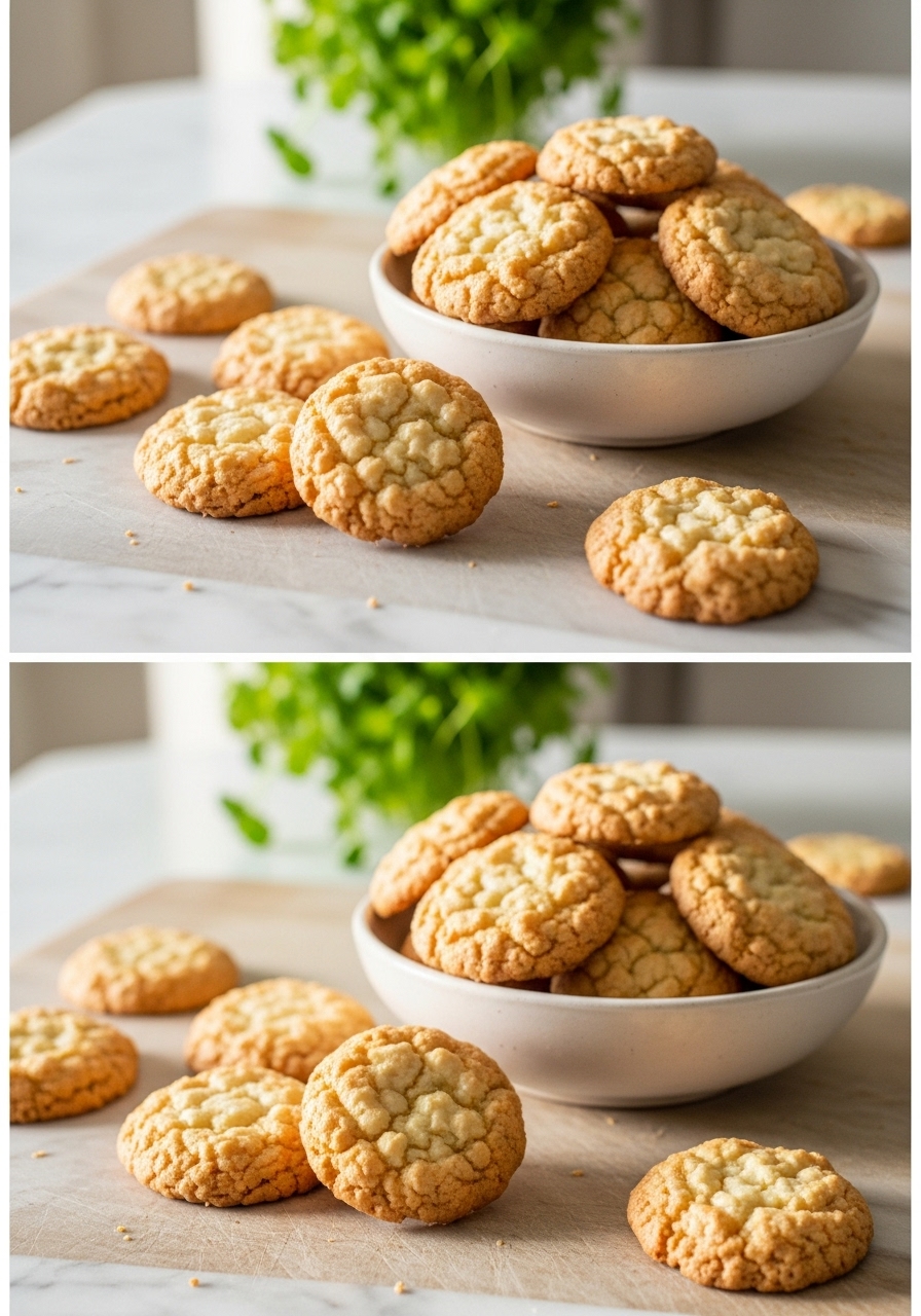 A different angle of the perfectly baked Almond Cloud Cookies, casually arranged on a ceramic bowl with a few cookies scattered around on the marble countertop. The wooden cutting board is clearly visible in the foreground, with natural morning light creating gentle highlights and warm tones. Fresh green herbs are visible in the soft background. No hands visible.