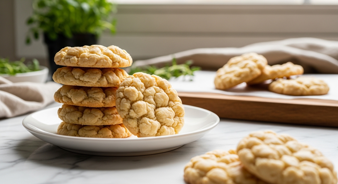 A beautifully arranged stack of light and chewy Almond Cloud Cookies on a minimalist white plate, placed on marble countertops with a wooden cutting board partially visible. Fresh herbs are subtly blurred in the background, all bathed in soft natural morning light from an east window. The overall presentation is clean, tidy, and exudes warm tones with soft shadows. No hands visible.