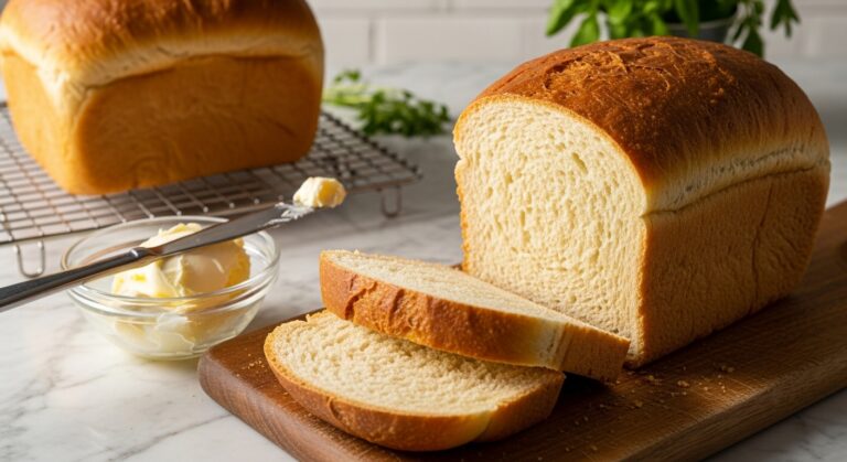 A beautifully composed hero shot of a golden-brown, perfectly baked Amish white bread loaf, sliced to reveal its soft, tender crumb, resting on the wooden cutting board on marble countertops. A small clear glass bowl of creamy butter with a knife is artfully placed next to it. Another golden loaf is visible on a cooling rack in the soft focus background. Natural morning light casts warm tones and soft shadows. Clean and tidy presentation, with a few fresh herbs visible in the background.