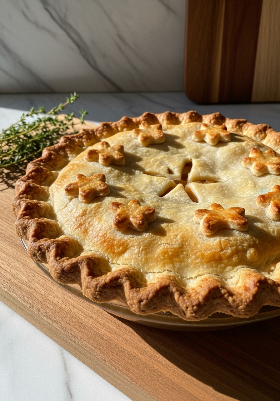 A delicious close-up, angled shot of the whole Apple Butter Pie cooling on the same wooden cutting board, showcasing its golden, slightly bubbly crust with decorative crimping. Natural morning light casts soft shadows, highlighting the pie's texture. In the background, marble countertops with wood accents are visible, and a small sprig of fresh thyme adds a rustic touch. The presentation is clean, tidy, and full of warm tones, making the pie look irresistibly comforting.