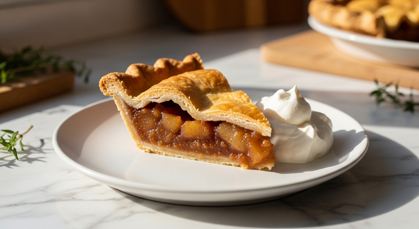 A beautifully plated slice of golden brown Apple Butter Pie on a minimalist white plate, with a dollop of whipped cream beside it. The pie slice shows off its flaky crust and rich, spiced apple butter filling. The scene is bathed in soft natural morning light from an east window, resting on marble countertops with subtle wood accents in the background. Fresh herbs are subtly visible, adding a touch of life to the warm, clean, and tidy presentation. The overall image evokes immense appetite appeal with soft shadows and warm tones.