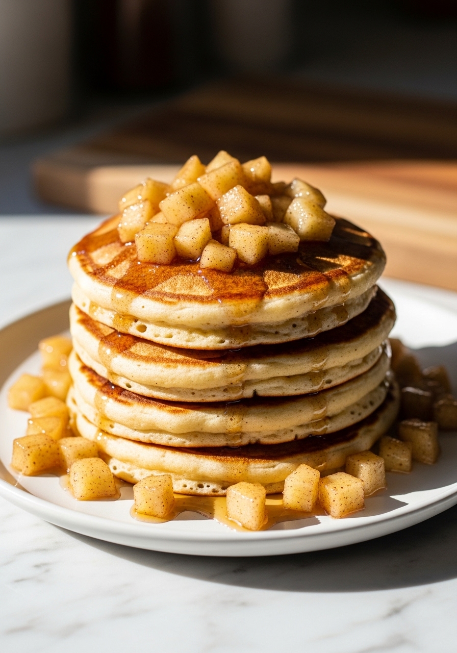 A close-up, slightly elevated shot of a stack of fluffy, golden-brown Apple Cinnamon Pancakes, showcasing their thick, airy texture, generously topped with glistening caramelized apple chunks and rich amber syrup. The minimalist white plate is centered on marble countertops with a soft focus on a wooden cutting board in the background, all bathed in warm natural morning light, creating soft shadows. The overall image is clean, tidy, and deliciously appealing. NO HANDS.